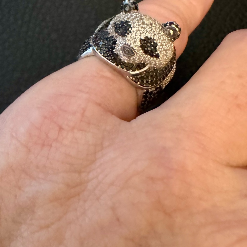 Panda Ring with Black Spinal White Zircon Rhodium over Sterling Silver. Sz 6.
